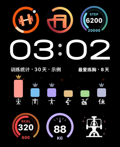 Watch face with training statistics and goal complications